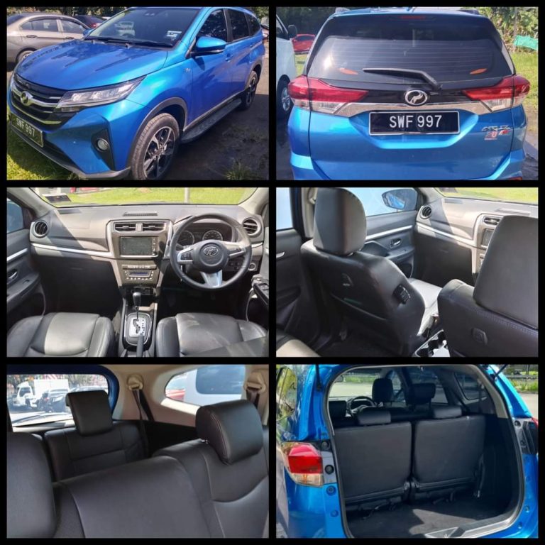 Perodua Aruz biru untuk disewa di Kota Kinabalu, bahagian luar dan dalaman