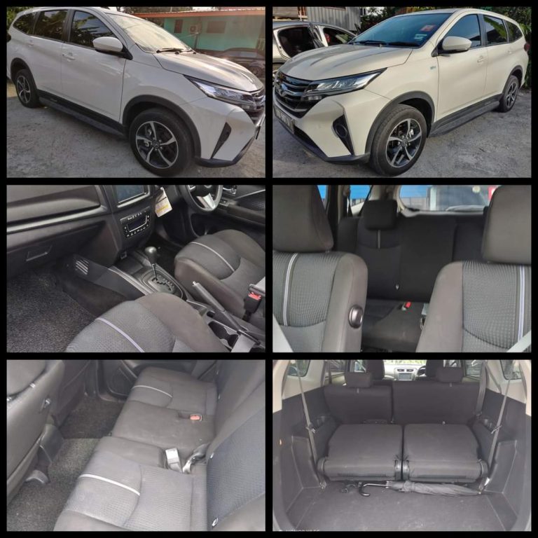 Perodua Aruz putih untuk disewa di Kota Kinabalu, bahagian luar dan dalaman