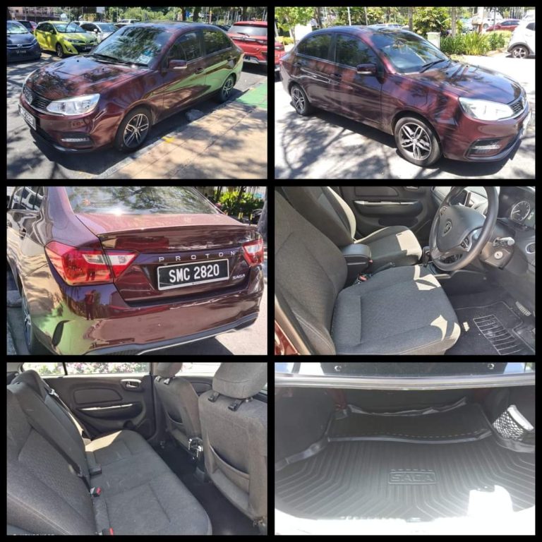 Proton Saga untuk disewa di Kota Kinabalu, bahagian luar dan dalaman
