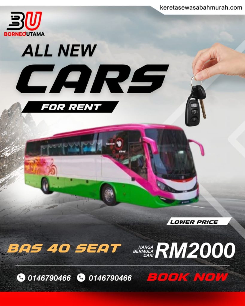 Poster sewa Bas 40 tempat duduk Kota Kinabalu, harga bermula RM2000 sehari