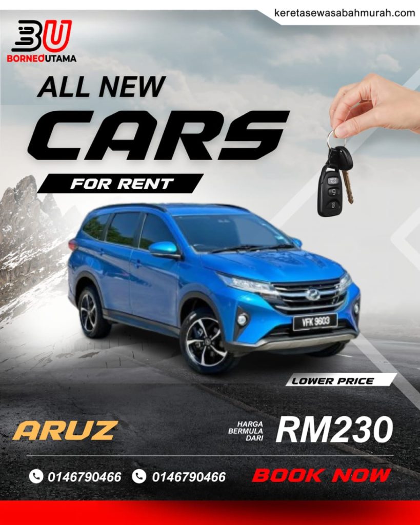 Poster sewa Perodua Aruz Kota Kinabalu, harga bermula RM230 sehari