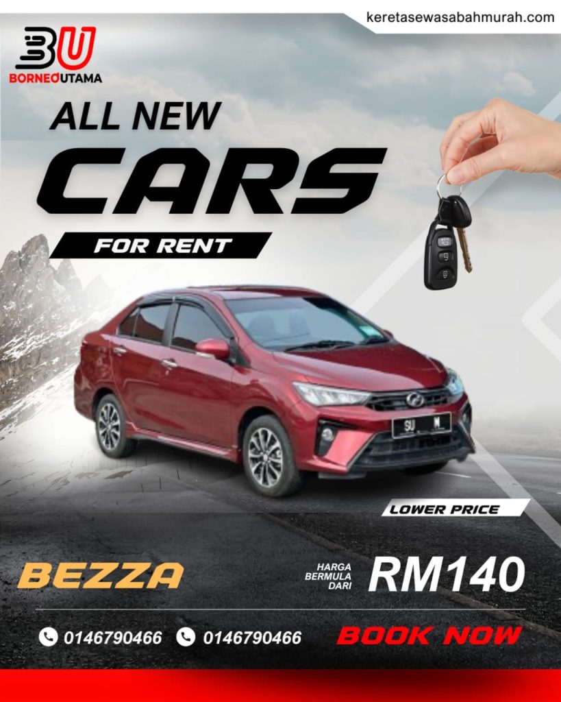 Poster sewa Perodua Bezza Kota Kinabalu, harga bermula RM140 sehari