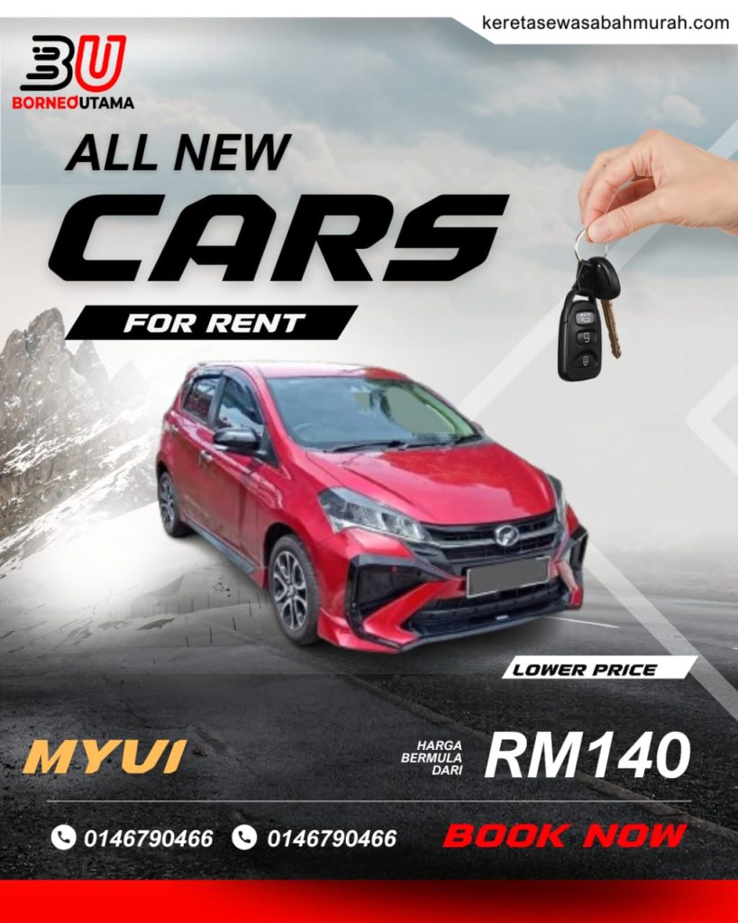 Poster sewa Perodua Myvi Kota Kinabalu, harga bermula RM140 sehari
