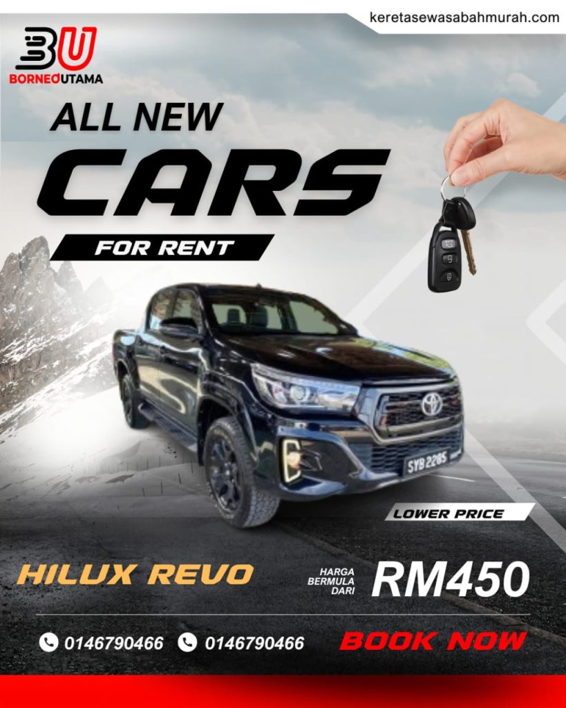 Poster sewa Toyota Hilux Revo Kota Kinabalu, harga bermula RM450 sehari