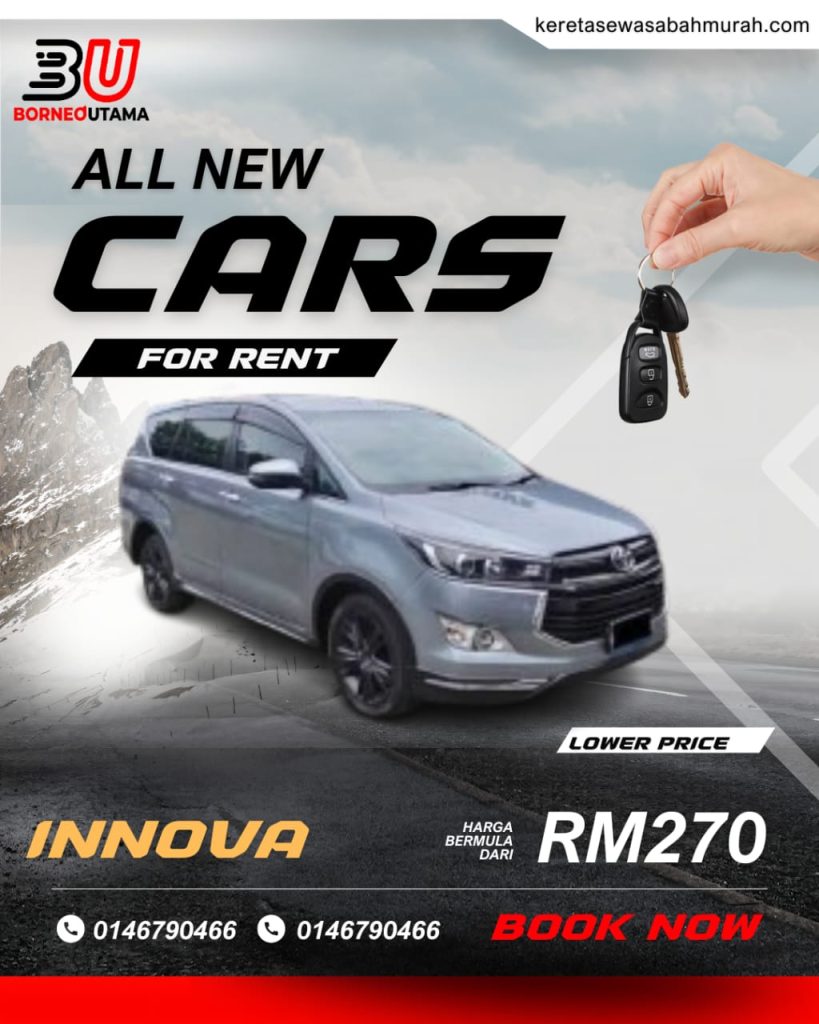 Poster sewa Toyota Innova Kota Kinabalu, harga bermula RM270 sehari