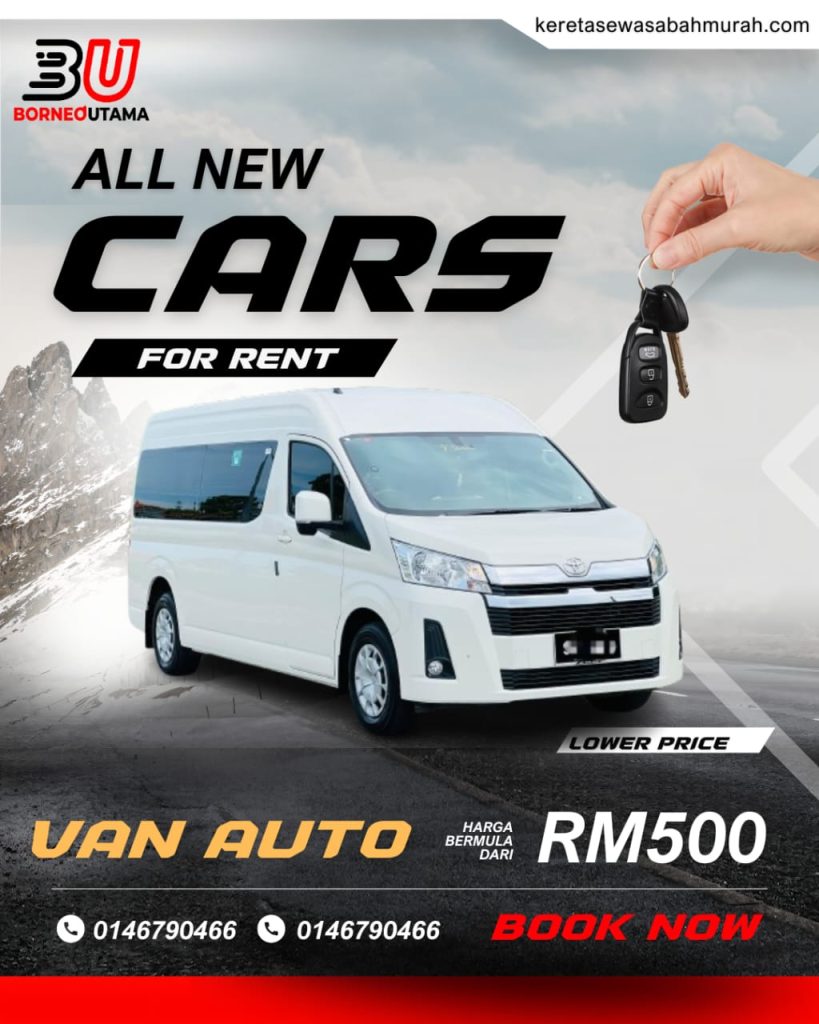 Poster sewa Van Hiace Auto Kota Kinabalu, harga bermula RM500 sehari