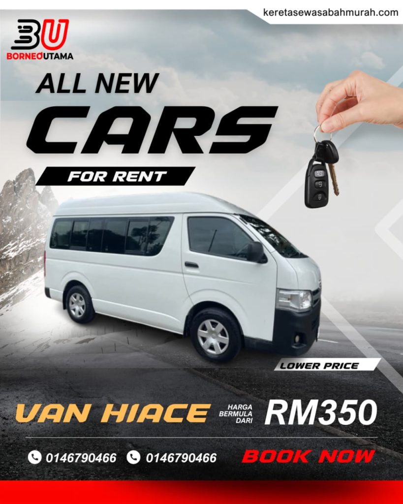 Poster sewa Van Toyota Hiace Kota Kinabalu, harga bermula RM350 sehari